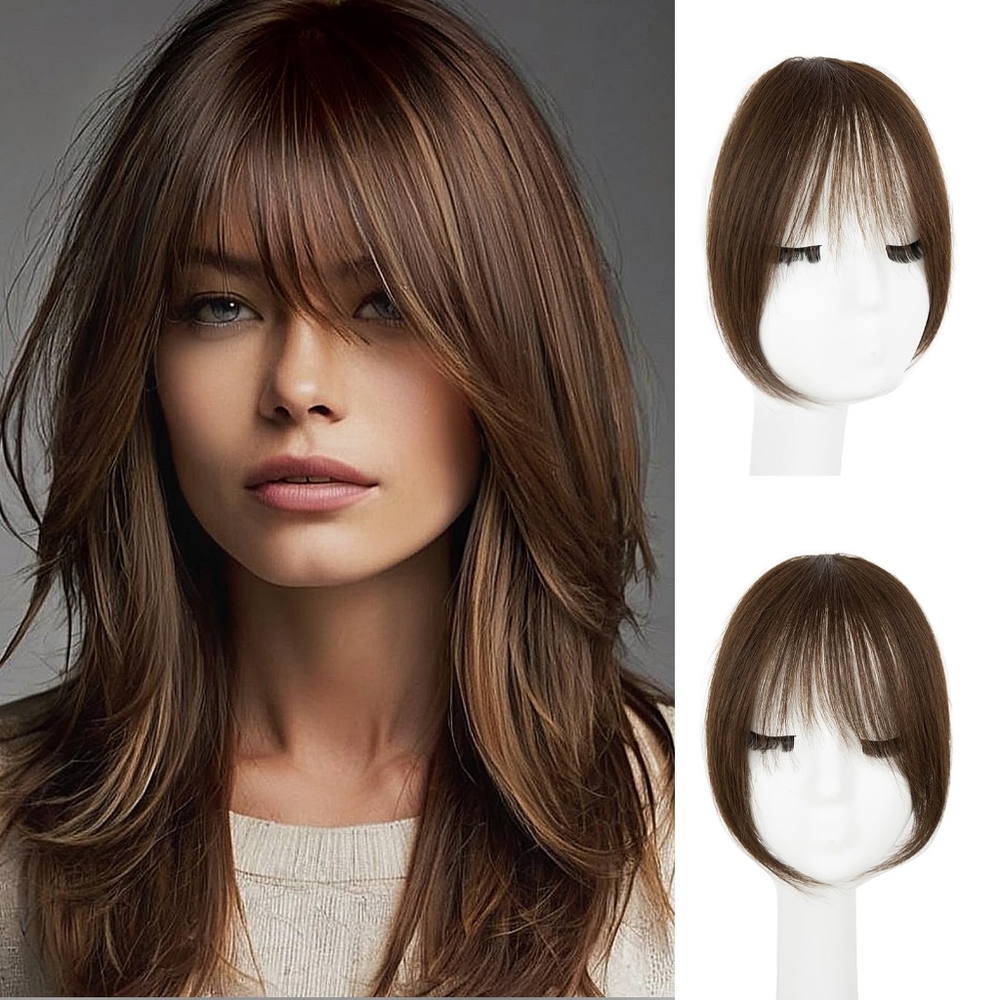 100% Real Human Hair Clip-In Bangs – Brown French Curtain Fringe